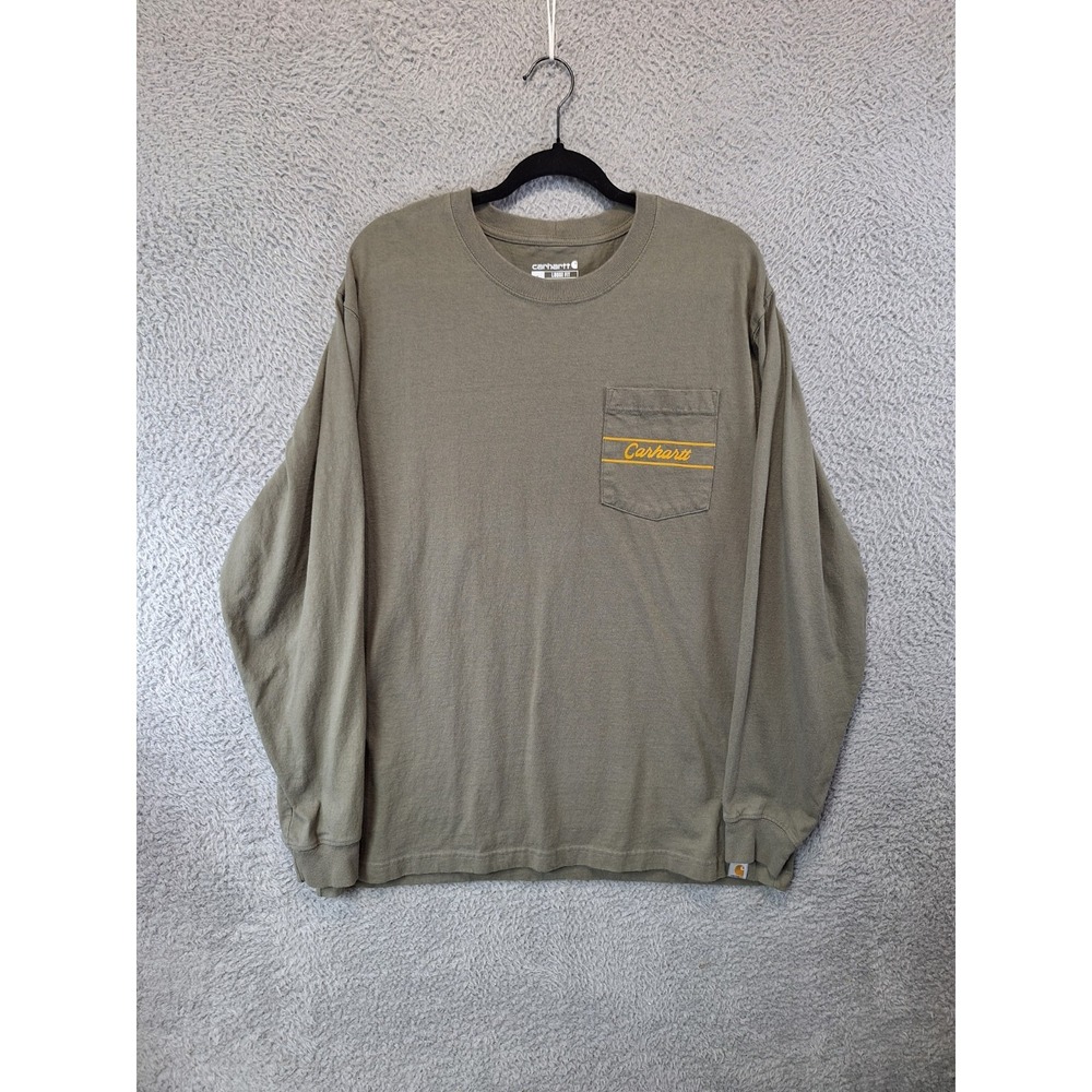 Carhartt T Shirt Mens L Olive Green Workwear Single Pocket Loose Fit Long Sleeve